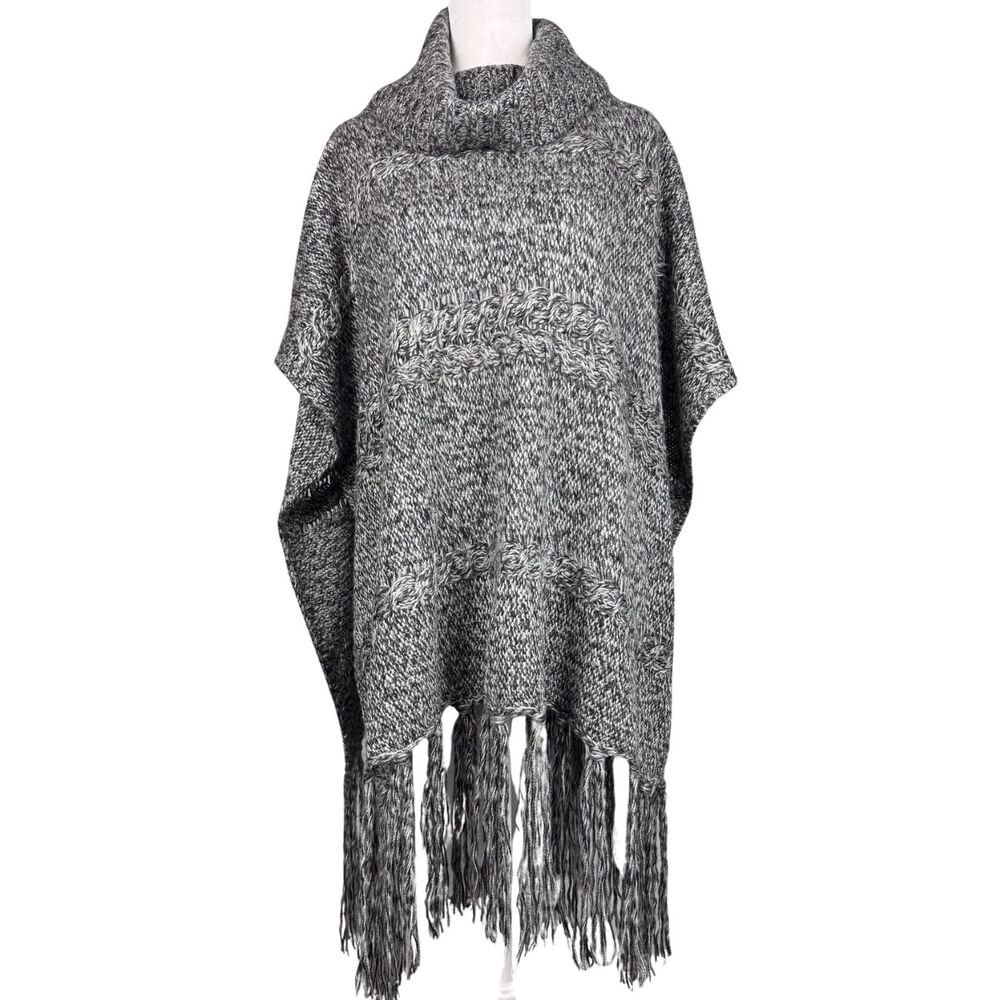 Hinge Poncho Sweater‎ Womens Cowl Neck Soft Cable Knit Fringe O/S Gray Boho